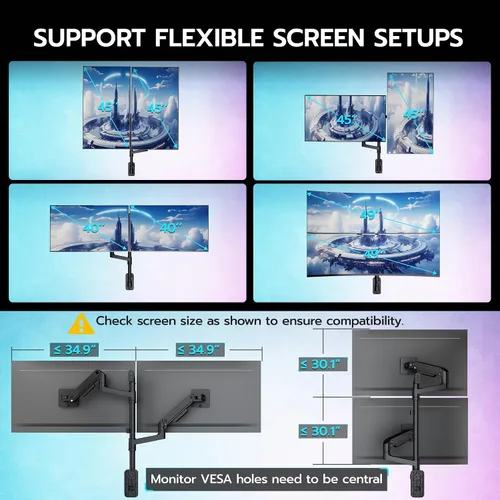 Vista 4 de ARES WING Soporte de pared para monitor doble para pantallas ultraanchas de 17 a 49 pulgadas, brazo de monitor de montaje en pared resistente