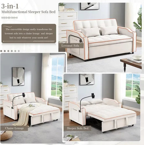 Vista 12 de JEEOEHY - Sofá cama convertible 3 en 1, sofá cama extraíble de terciopelo con puerto USB y tipo C, cómodo futón loveseat con respaldo ajustable