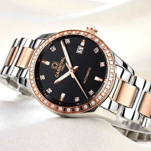 Vista 4 de Reloj mecánico automático de diamantes para mujer, acero inoxidable, zafiro impermeable, elegante reloj azul, Mecánico, cuerda automática