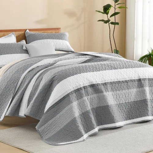 Vista 11 de Litanika Edredón tamaño Queen, juego de ropa de cama de 3 piezas a rayas 01 - Blanco y negro