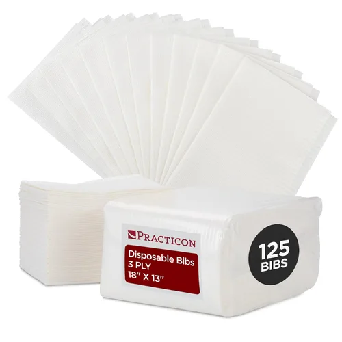 Vista 11 de Practicon Paquete de 125 Baberos Desechables Negros para Pacientes, 18" x 13", Hoja de Babero de Papel Impermeable de 3 Capas con Respaldo