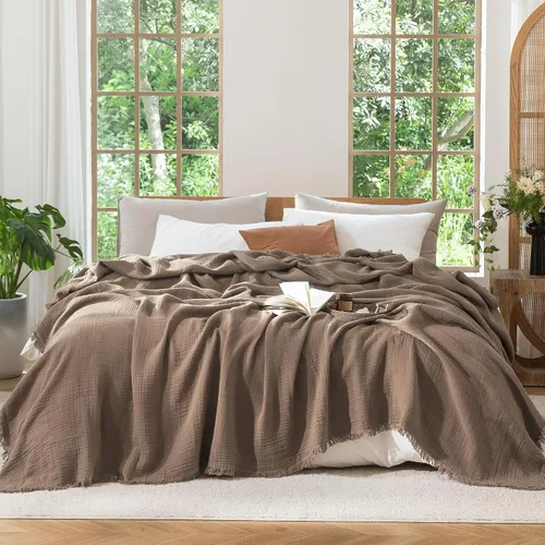 Vista 24 de MooMee - Manta de muselina 100% algodón con flecos de 4 capas de gasa, tamaño Queen Manta de verano suave, transpirable y ligera para adultos