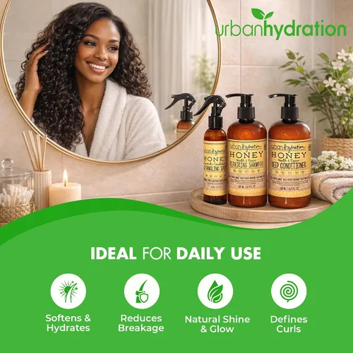 Vista 3 de Urban Hydration Honey Health and Repair - Juego de champú, acondicionador y desenredante Sin sulfatos, parabenos ni tintes, limpia, desenreda