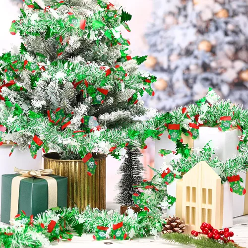 Vista 7 de XunYee Guirnalda de Oropel de Copos de Nieve para Árbol de Navidad de 98 pies, Decoraciones de Guirnalda Metálica Trenzada Roja Verde, Adorno