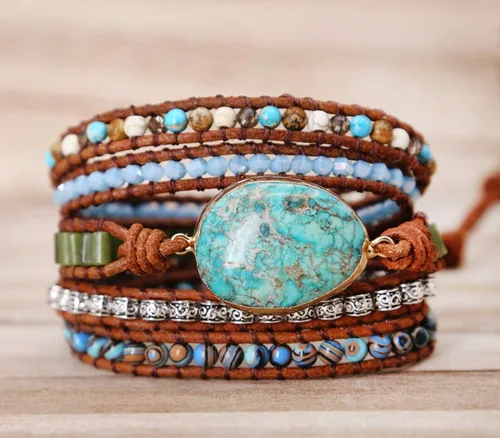 Vista 4 de ZOSOJONA - Pulseras bohemias hechas a mano de piedra natural, que dan vuelta, con cuentas de cristal de turquesa