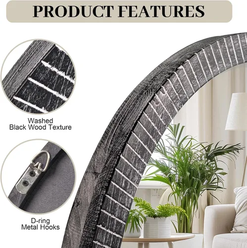 Vista 4 de Espejo redondo de madera de 35 pulgadas, espejo de pared circular rústico con biselado, espejos redondos de madera para decoración de pared, espejos