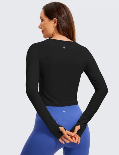 Vista 2 de CRZ YOGA Camisetas cortas de manga larga para mujer, camisetas recortadas de entrenamiento, yoga, ajustadas, atléticas, para gimnasio, con agujero