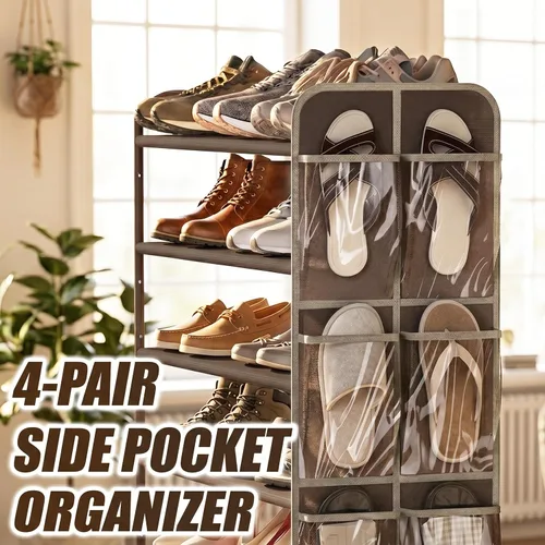Vista 6 de Simple Houseware Organizador de almacenamiento para zapatos de 6 niveles con bolsa lateral para colgar, bronce