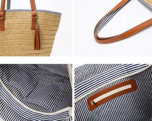 Vista 6 de Epsion Bolsos de playa de paja con borlas para el verano, bolso de hombro tejido a mano con pompones