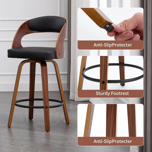 Vista 3 de VipDesk Taburetes de bar giratorios, Taburetes de bar de altura de mostrador de nogal con respaldo y brazos, Taburetes de bar tapizados modernos