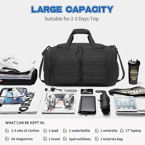 Vista 8 de Wotony Bolsa de lona táctica para hombres, bolsa de lona para gimnasio, viajes, entrenamiento militar de fin de semana, bolsa Molle, Negro, 35 l