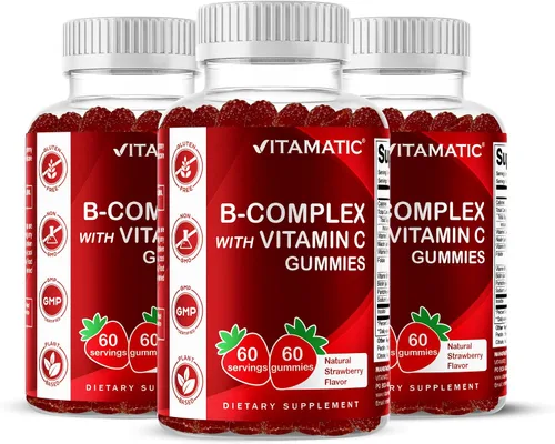 Vista 10 de Gomitas de complejo de vitamina B Vitamatic con vitamina C e inositol - Sabor natural a fresa - 60 gomitas (1 botella)
