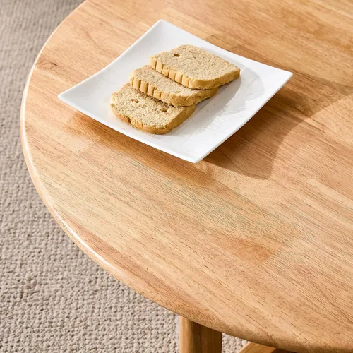 Vista 5 de Mesa de centro de madera de mediados de siglo con soporte de ratán de polietileno, mesa de café redonda de madera maciza de 33.45 pulgadas, mesa