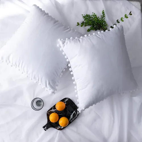 Vista 12 de Juego de 2 fundas para cojines decorativos de terciopelo sólido suave con borde de pompones