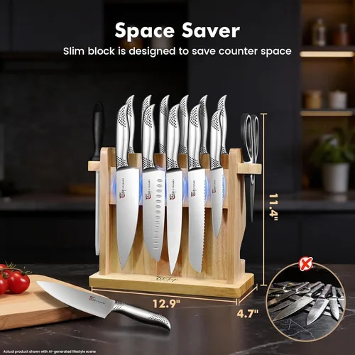 Vista 2 de SYOKAMI Juego de cuchillos japoneses para cocina, juego de cuchillos magnéticos con bloque y afilador, juego de cuchillos de acero inoxidable como