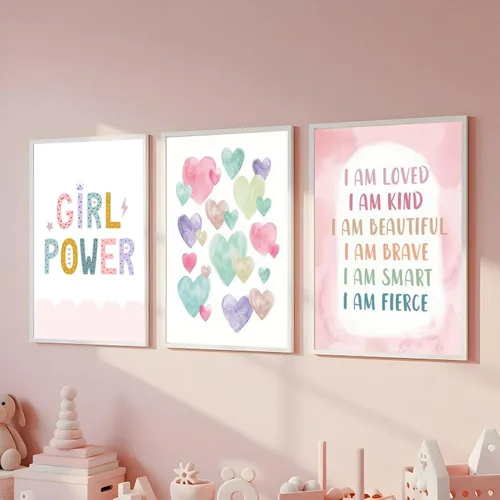 Vista 7 de 6 piezas de arte de pared rosa con diseño de arcoíris boho, patrón de corazón colorido, póster impreso, imágenes en lienzo para poder de niña