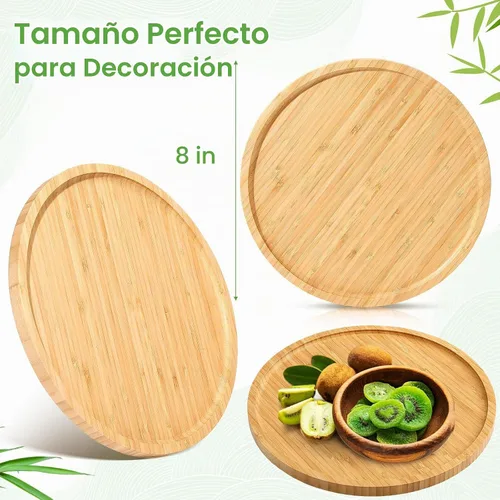 Vista 3 de Meanplan Bandeja de bambú – 5 platos de madera, tabla redonda de charcutería y plato para servir con borde para cocina, fruta, pan, ensalada, mesa
