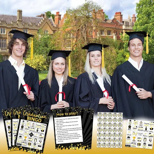Vista 6 de Juegos de bingo de graduación, juego de graduación de oro negro para 24 jugadores, juegos de fiesta de graduación y actividades, tarjetas divertidas