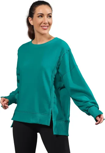 Vista 5 de Nirovien Sudadera de gran tamaño con cuello redondo para mujer, con abertura lateral, manga larga, ajuste holgado
