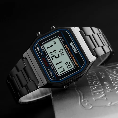 Vista 5 de PASOY - Reloj digital de acero inoxidable con retroiluminación, multifunción, cronómetro, resistente al agua, para hombre