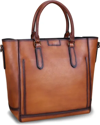 Vista 3 de Bolsos de cuero genuino para las mujeres Vintage hecho a mano Tote bolso de cuero de vaca bolso de hombro Satchel Top-Handle Bolsas para damas