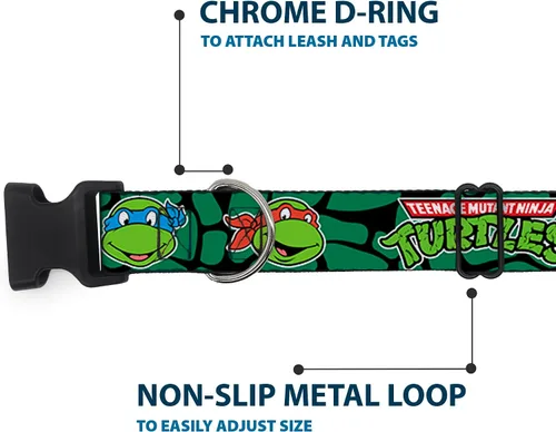 Vista 5 de Buckle-Down Classic Tmnt Turtle Faces Black/Green Turtle Shell Clip Collar, pequeño/9-15 pulgadas, multicolor
