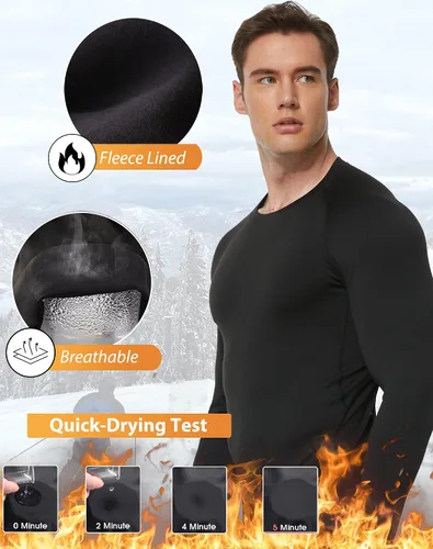 Vista 4 de 5 or 4 Pack Men's Thermal Compression Shirt Fleece Lined Long Sleeve Athletic Base Layer Cold Weather Gear Workout Top