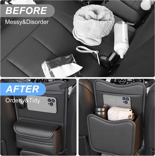 Vista 4 de Organizador de Coche para Almacenamiento Entre Asientos, Bolsa de Almacenamiento Colgante de Reposacabezas de Cuero Nappa, Soporte de Bolsillo
