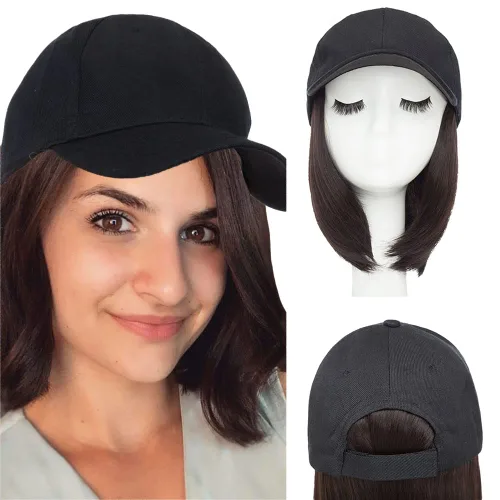 Vista 48 de Hairro Peluca de gorra de béisbol con cabello adjunto, corto estilo Bob ajustable, extensiones de cabello sintético para mujeres, balayage