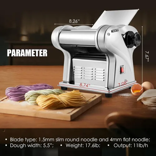Vista 6 de NEWTRY Máquina Eléctrica para Hacer Pasta Máquina para Hacer Fideos Máquina para Hacer Pasta Rodillo Cortador de Masa Grosor Ajustable Acero