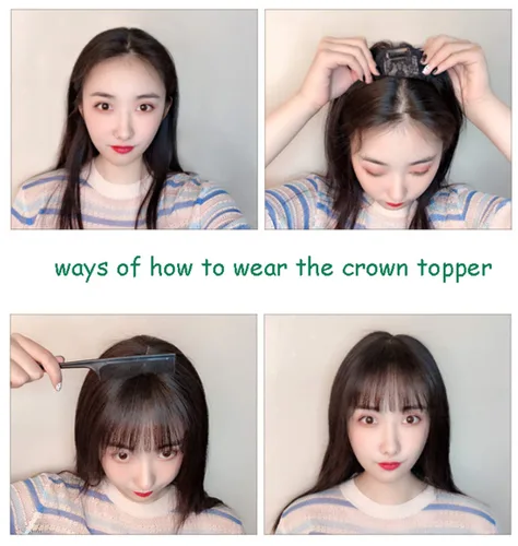 Vista 7 de LXUE Piezas de cabello realistas con flequillo, cabello humano real con clip para mujeres con pérdida de cabello, 8 pulgadas, marrón oscuro