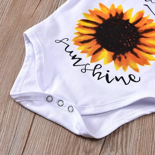 Vista 3 de Afunbaby Ropa de verano para bebé niña recién nacido con letras parte superior pantalones cortos de girasol linda ropa para bebé niña con diadema