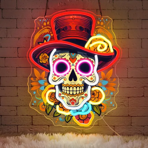 Vista 8 de Letrero de neón del Día de los Muertos, luz de neón LED de calavera de azúcar mexicana para decoración del hogar y bar, arte impreso UV con tira LED