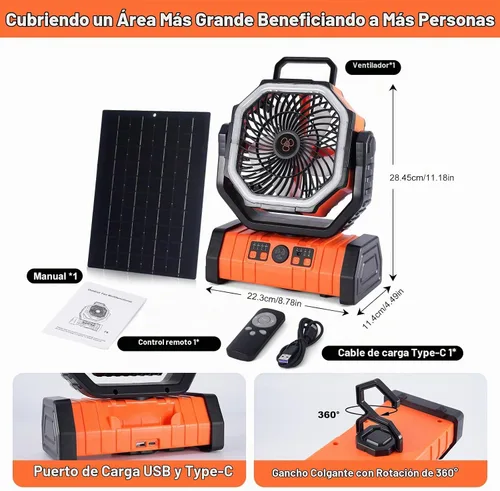 Vista 2 de Ventilador solar de campamento de 20000 mAh con panel solar de 10 W, banco de energía solar recargable para exteriores, linterna LED, tienda de Negro