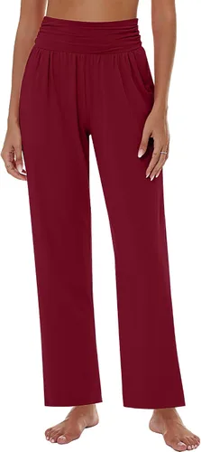 Vista 8 de 3 piezas de pantalones de yoga de pierna ancha para mujer, pantalones de descanso de cintura alta con bolsillos, pantalones deportivos de yoga