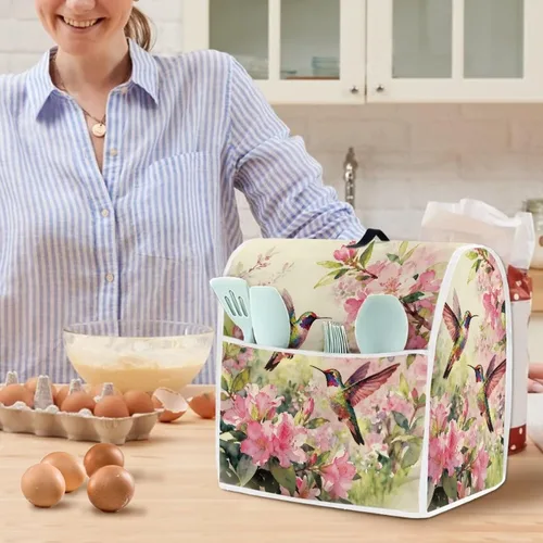 Vista 4 de Cubierta para mezclador de cocina con diseño de flores de pájaros, cubierta para procesador de alimentos con asa superior y bolsillo