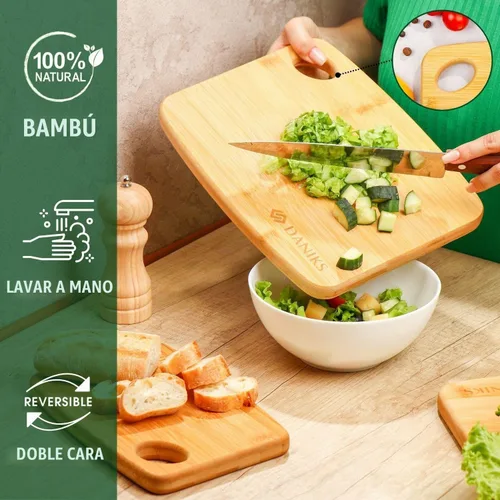 Vista 4 de Daniks Tabla de cortar de bambú de 9 x 6 pulgadas (pequeña), extra gruesa y resistente, con orificio para colgar, previamente engrasada, respetuosa