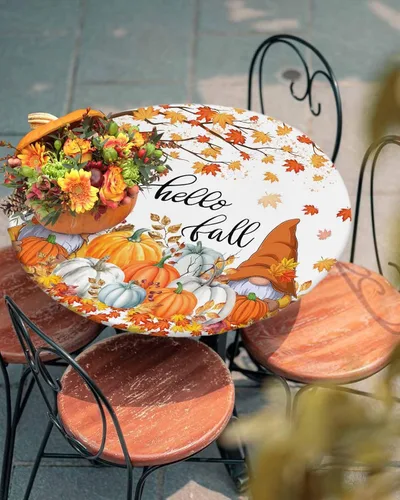 Vista 20 de Mantel ajustado para mesa redonda, mantel de otoño con hojas de otoño y calabaza de Acción de Gracias con borde elástico, mantel impermeable de Beige
