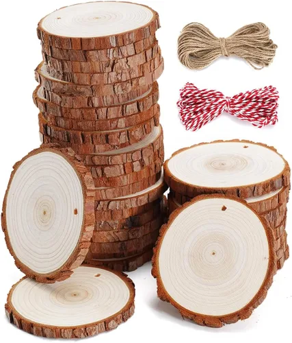 Vista 12 de wohohoho 24 piezas de rebanadas de madera natural de 2.4 a 2.8 pulgadas, kit de madera para manualidades sin terminar, preperforado con agujero