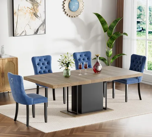 Vista 11 de Juego de mesa de comedor extensible de 5 piezas, juego de mesa de comedor extensible de estilo granja para 4, mesa de cocina expandible de madera