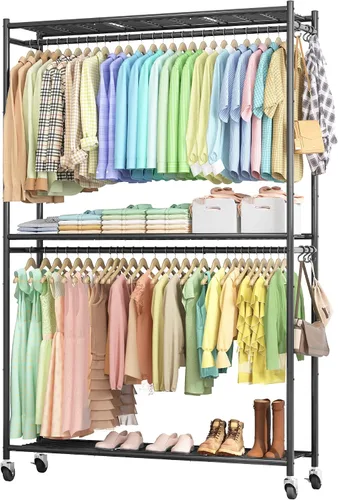 Vista 11 de Sakugi Perchero para ropa – Perchero doble para colgar ropa con ruedas y pies niveladores, armario de gran capacidad con estantes para dormitorio