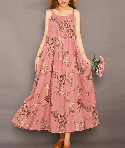 Vista 2 de YESNO - Vestidos largo de verano para mujer 2022 estilo casual y bohemio holgado con estampado floral bolsillos y tirantes delgados E75