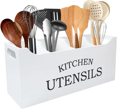 Vista 11 de Soporte para utensilios de cocina de madera, extra grande, 4 compartimentos, con parte inferior de drenaje para encimera, organizador