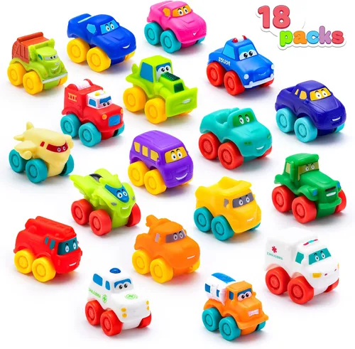Vista 3 de JOYIN Juego de 18 autos de tracción hacia atrás y 18 piezas de juguete de goma suave, mini vehículos de juguete, auto para niños pequeños, recuerdos