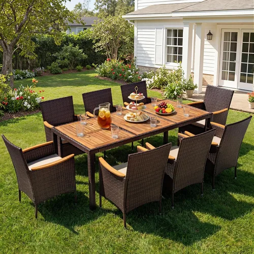 Vista 16 de Devoko - Juego de comedor de madera de acacia, 5 piezas, ratán negro