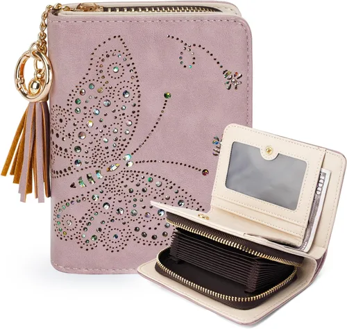 Vista 14 de KITEVIUN Cartera RFID delgada para mujer con doble pliegue, tarjetero con cremallera y monedero, cartera ultradelgada compacta con ventana