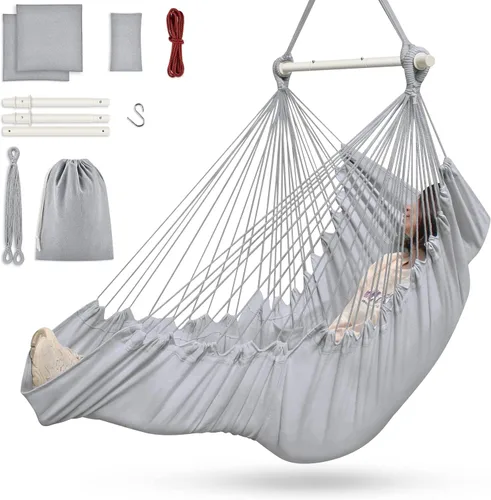 Vista 7 de Outerman Silla tipo hamaca, silla colgante con 3 cojines y soporte para los pies, barra separadora de metal resistente con un máximo de 500 libras