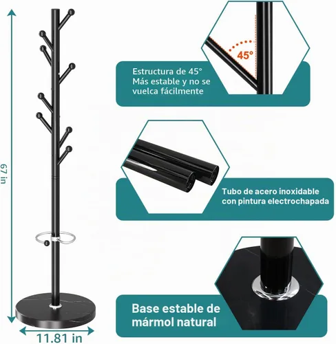 Vista 2 de OIRUMIE Perchero con base de mármol natural, perchereros metálicos independientes, perchero resistente con 8 ganchos para colgar bufanda, bolso Negro