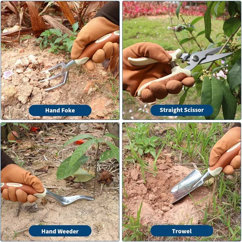 Vista 5 de Juego de herramientas de jardinería marrón de 12 piezas, kit de herramientas de mano de jardín con mango ergonómico antideslizante, bolsa