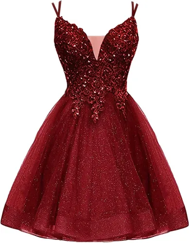 Vista 3 de H.S.D Vestido de fiesta corto con cuello en V, vestido de graduación con purpurina, apliques de encaje, vestido de cóctel brillante con tirantes
